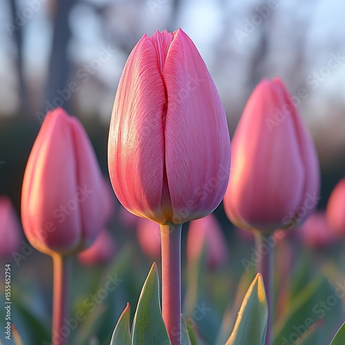 Delicate pink tulips in bloom.  Close-up of three vibrant pink tulips, showcasing their delicate petals and slender stems.  Soft light highlights the blossoms, creating a beautiful springtime image