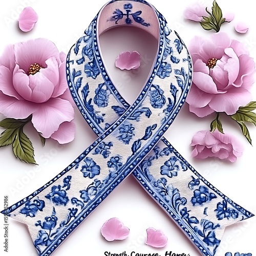 Delicate ribbon, intricate floral design, supporting a cause.  Pink flowers surround ribbon