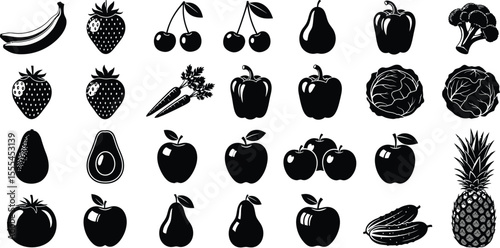 Black and white silhouette illustration of various fruits and vegetables in a grid pattern