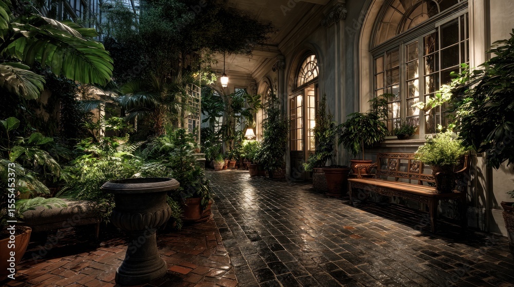 Fototapeta premium Mystical Courtyard with Lush Greenery and Classical Architectural Elements