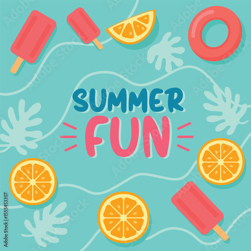 Fun summer illustration with popsicles, orange slices, swim ring, and tropical leaves