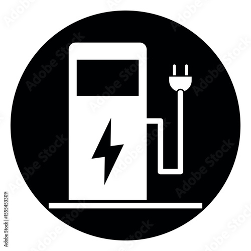 EV Charging Station in Circle – Black and White Bold Vector Icon