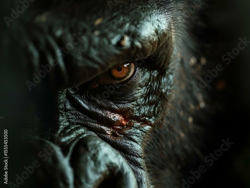 gorilla portrait intense gaze dark background dramatic lighting close up