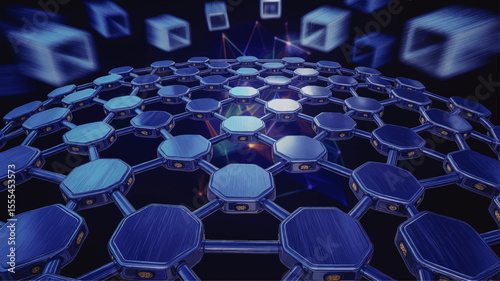 Futuristic Blockchain Network Illustration – Digital Decentralized Data, Secure Technology, AI Connectivity & Blue Geometric Network