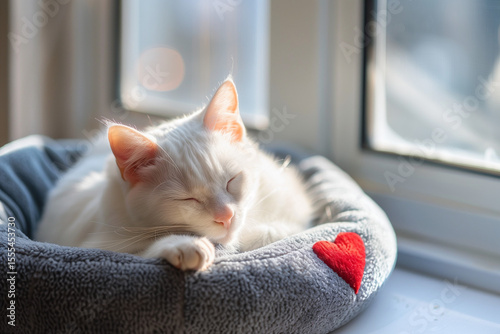 Cute snow-white cat sleeps on the window in a bed, love and care for animals, pet
