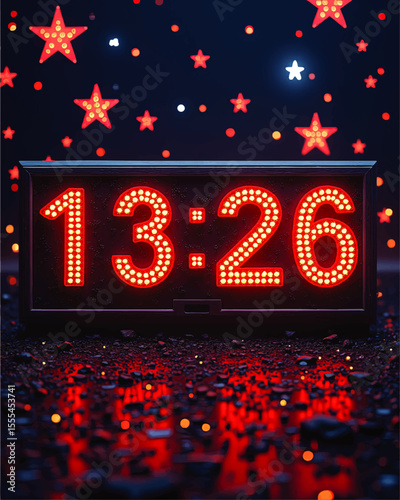 Digital LED Clock Display in Red with Sparkling Stars and Reflections on Shiny Surface, Night Time Concept, Modern Design Background