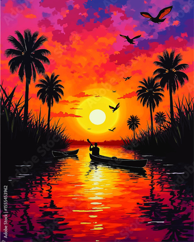 Tropical Sunset Canoeing Illustration – Vibrant Palm Trees, Birds, Silhouette Reflections on Water, Exotic Digital Art Landscape