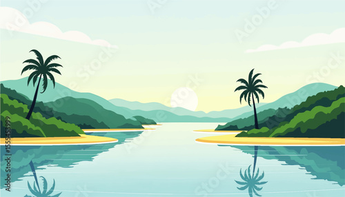 Tropical Beach Sunrise Landscape Vector Illustration with Palm Trees, Reflections, Turquoise Water, and Lush Green Hills