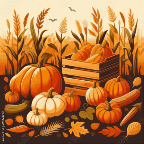 Pumpkin field with leaves and wooden crate in warm colors