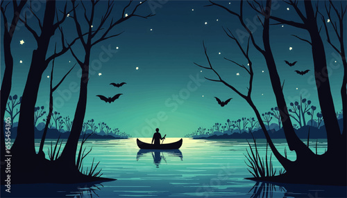 Mysterious Night Lake Canoe Adventure with Silhouette, Bats, Trees, and Starry Sky – Vector Illustration for Nature and Fantasy Themes