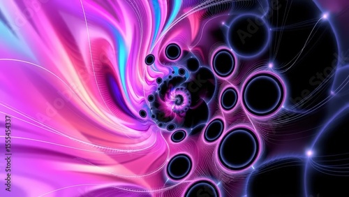 Abstract fractal art, swirling vortex of pink, blue, and orange hues, black circular voids arranged in a spiral pattern