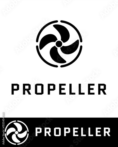 Minimalist propeller logo design featuring four curved blades inside a segmented circular frame in black and white 