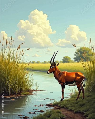 Graceful Antelope Standing by Tranquil River in Lush African Savanna, Sunny Day with Blue Sky and Dramatic Clouds – Wildlife Nature Illustration