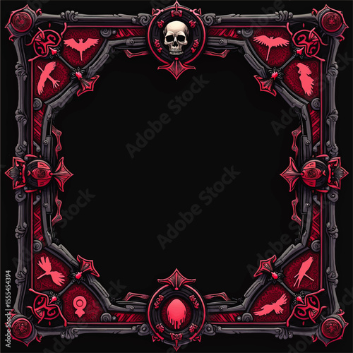 Gothic Ornate Frame with Skull, Ravens, and Dark Red Accents – Decorative Baroque Border for Halloween, Horror, Fantasy, or Game Design