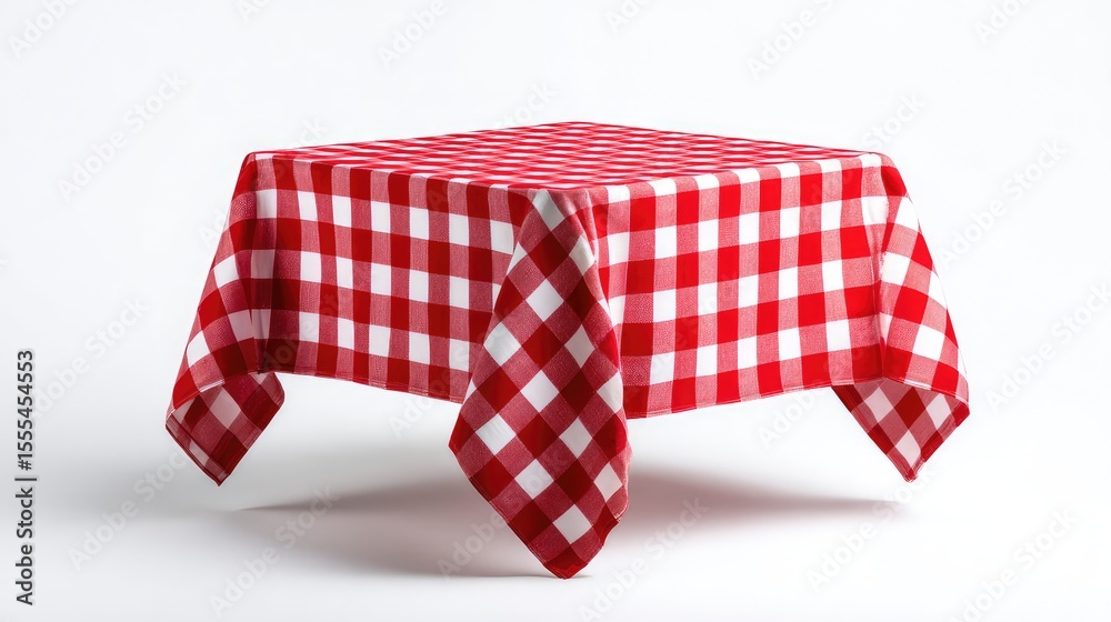 Obraz premium Vibrant Red and White Checkered Tablecloth on a Simple Table, Perfect for Picnics, Parties, and Outdoor Dining Experiences with a Classic Touch