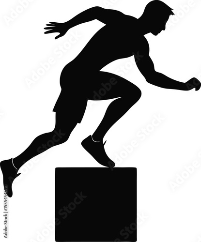 Vector silhouette of a CrossFit athlete jumping onto a plyo box with white background.