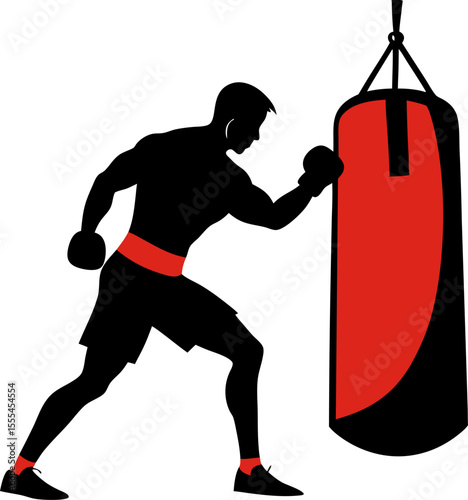 Vector silhouette of a boxer punching a heavy bag with white background.