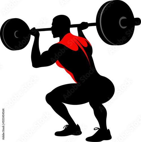 Vector silhouette of a man doing squats with a barbell on shoulders with white background.