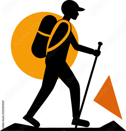 Vector silhouette of a person hiking with a walking stick with white background.
