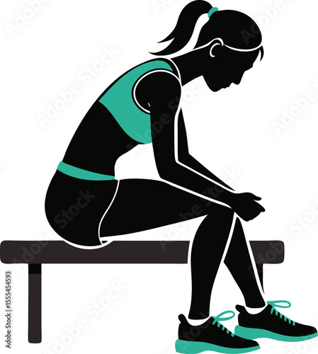 Vector silhouette of a female runner tying shoelaces with one foot on bench (warmup) with white background.