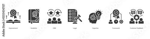 Customer Management banner web icon set vector illustration concept with icon of Improvement, Guideline, CRM, Legal, Expertise, Framework, Customer Feedback