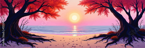 Vibrant Sunset Beach Landscape with Majestic Red Trees and Ocean Waves, Surreal Fantasy Art Illustration, Pink Sky Scene