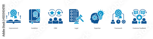 Customer Management banner web icon set vector illustration concept with icon of Improvement, Guideline, CRM, Legal, Expertise, Framework, Customer Feedback