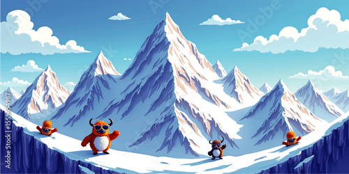 Cute Cartoon Yetis and Penguins Snowboarding in Vibrant Snowy Mountain Landscape, Fun Winter Adventure Illustration
