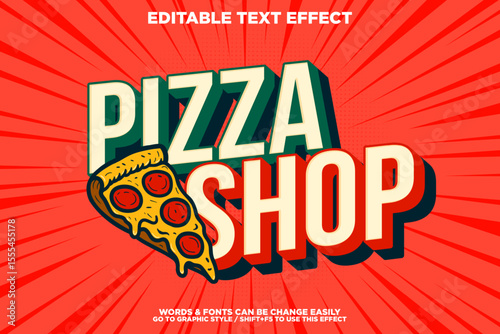 vintage retro style editable text effect with slice of pizza illustration for shop banner