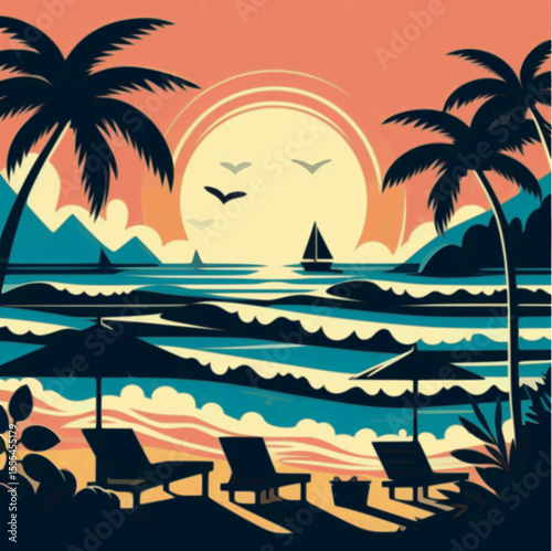 Tropical beach with waves, umbrellas and silhouettes of coconut trees