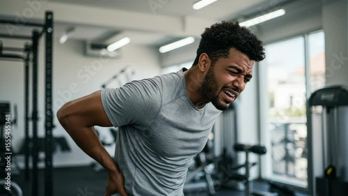 Man experiencing back pain during workout at gym in daylight