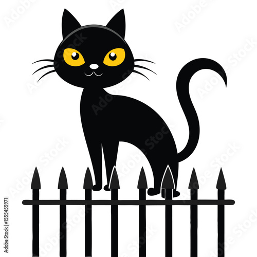 A black cat stands on a fence isolated on white background in this cartoon illustration perfect for halloween themed designs