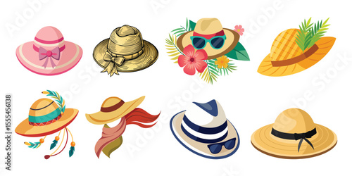 A diverse collection of summer hats isolated on white background showcasing various styles and decorations