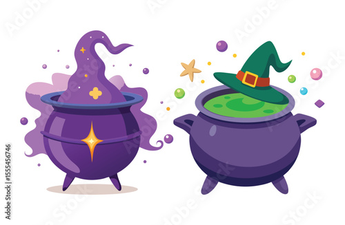 Cartoon cauldrons filled with purple and green potions and a witch hat isolated on white background