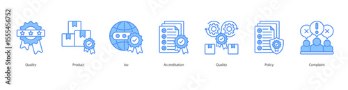 Quality Standard banner web icon set vector illustration concept with icon of Quality, Product, Iso, Accreditation, Quality, Policy, Complaint