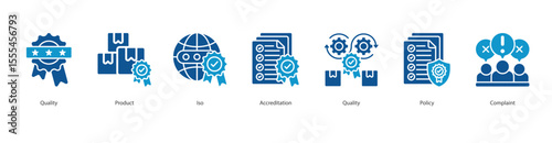 Quality Standard banner web icon set vector illustration concept with icon of Quality, Product, Iso, Accreditation, Quality, Policy, Complaint
