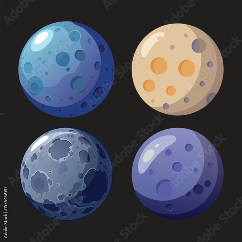 Collection of cartoon planets and moons with craters and colorful surfaces isolated on dark background