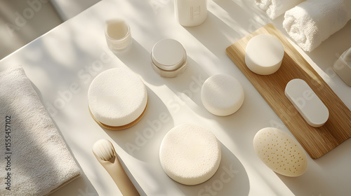 Top view of minimal cosmetic mockup scene with soft shadows, featuring various skincare items like sponges, jars, and towels