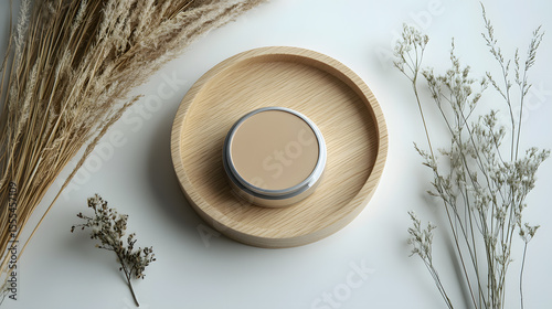 Round cosmetic container on wooden tray surrounded by dried grasses and flowers, creating natural and minimal aesthetic
