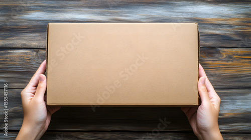 Person holding cardboard box over rustic wooden table, top view