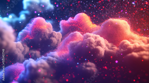 Colorful clouds with glowing particles create dreamy, cosmic atmosphere