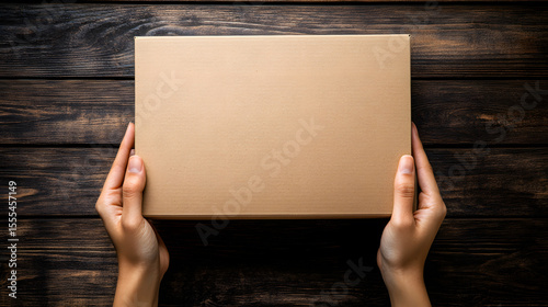 Person holding cardboard box over rustic wooden table, creating simple and natural scene