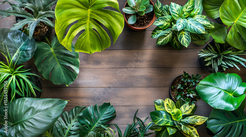 Variety of houseplants arranged in circle on wooden surface, showcasing lush green leaves and diverse textures