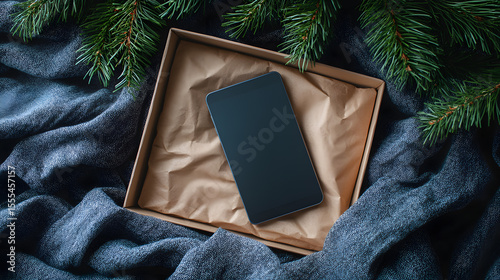 Smartphone in gift box surrounded by pine branches and fabric, creating festive atmosphere