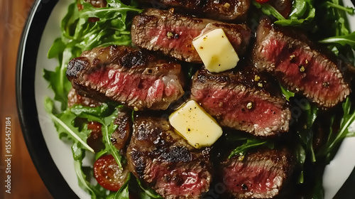 Juicy seared steak slices with melting butter on bed of fresh arugula and cherry tomatoes