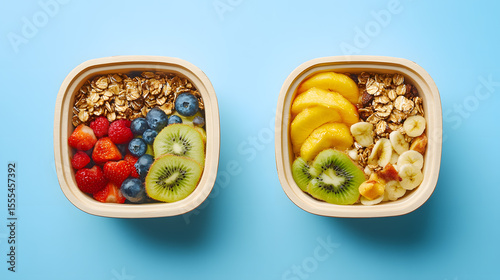 Two bowls of granola with fresh fruit including strawberries, blueberries, kiwi, and banana on blue background