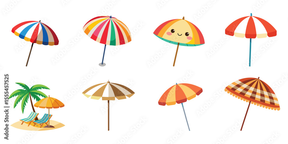 Obraz premium Collection of colorful beach umbrellas and chairs evoking summer vacation vibes isolated on white background