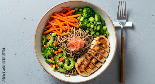 soba noodles, grilled chicken, healthy food, balanced meal, vegetable bowl, broccoli, carrots, cucumber, sesame seeds, pickled ginger, asian cuisine, japanese food, lunch, dinner, appetizing, food pho