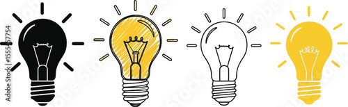 Four light bulb illustrations in black outline and yellow on a white isolated background