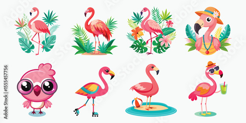 Collection of cute cartoon flamingo illustrations for summer vacation and tropical design isolated on white background